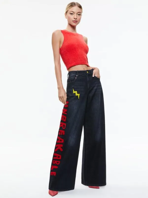 Pants Women Alice Olivia AO X BASQUIAT TRISH JEAN Maya Charcoal Black