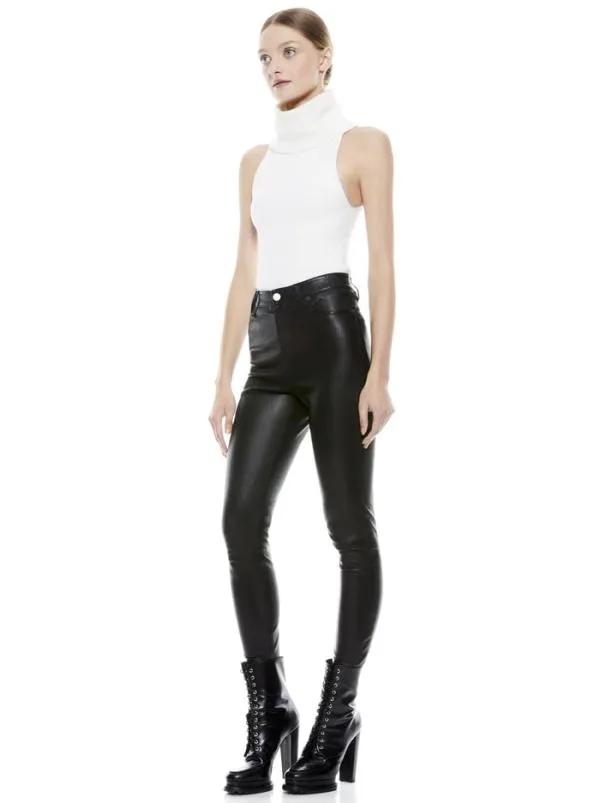 Pants Women Alice Olivia MIKAH SINGLE BUTTON LEATHER PANT Black