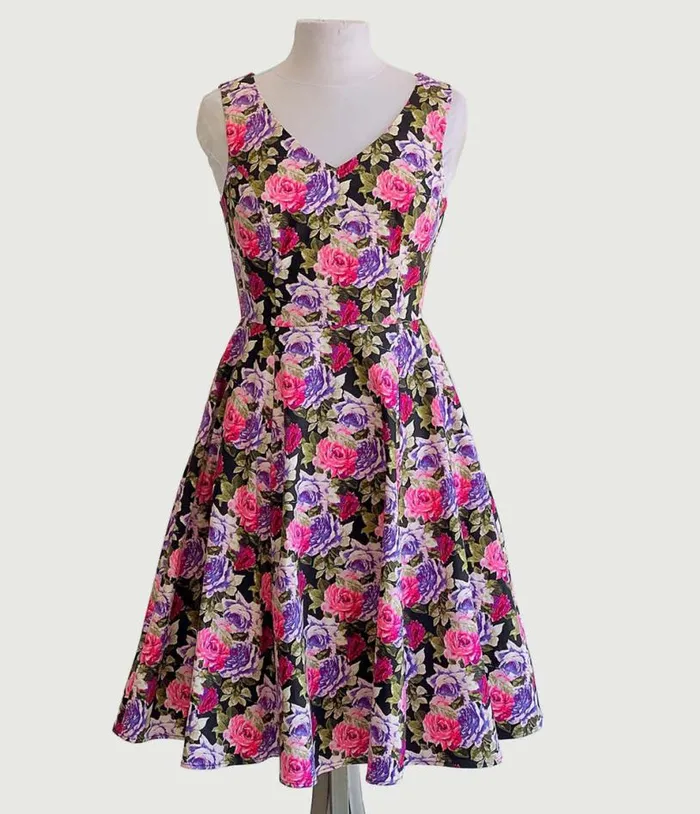 Pink and Purple Roses Swing Dress DressesPlus Unique Vintage Pocket Dresses