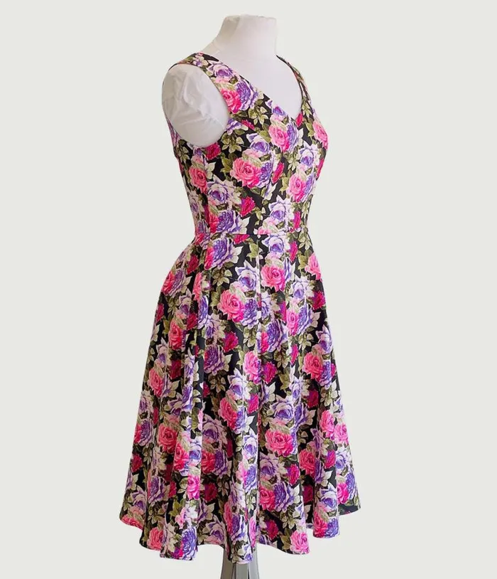 Pink and Purple Roses Swing Dress DressesPlus Unique Vintage Pocket Dresses
