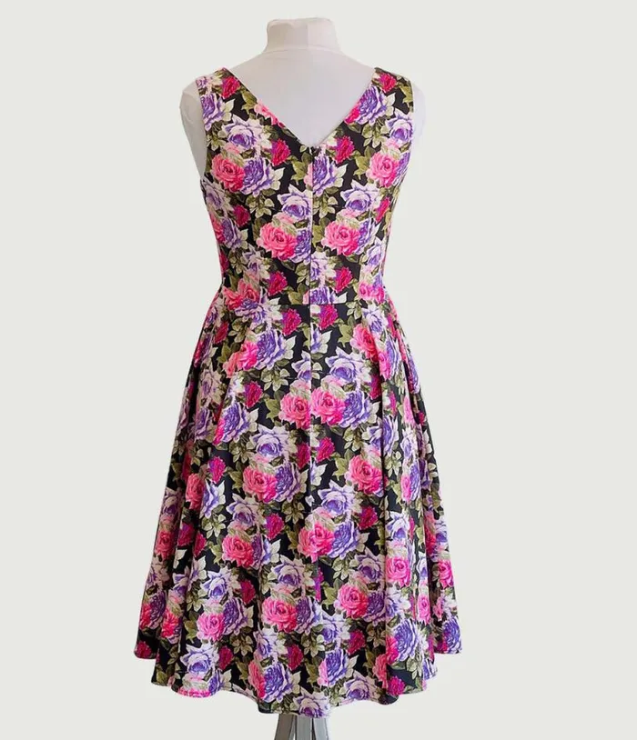 Pink and Purple Roses Swing Dress DressesPlus Unique Vintage Pocket Dresses