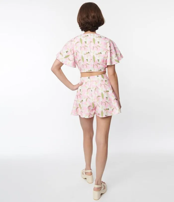 Pink and White Lilies Bama Breeze Top and Shorts Set ClothingPlus Unique Vintage Shorts