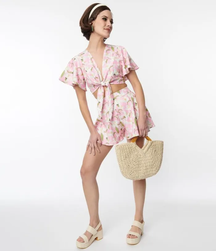 Pink and White Lilies Bama Breeze Top and Shorts Set ClothingPlus Unique Vintage Shorts