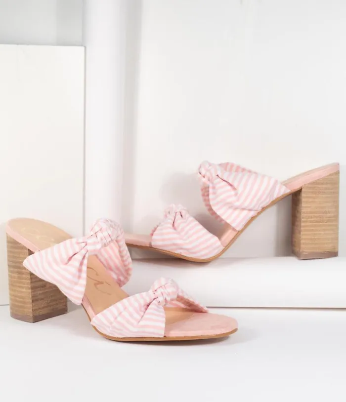Pink and White Stripe Block Heel Sandal Shoes Unique Vintage Sandals