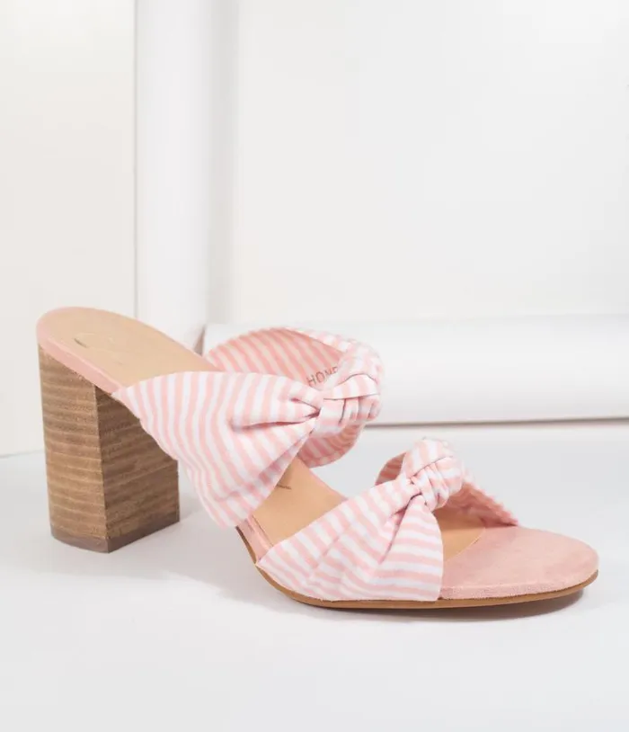 Pink and White Stripe Block Heel Sandal Shoes Unique Vintage Sandals