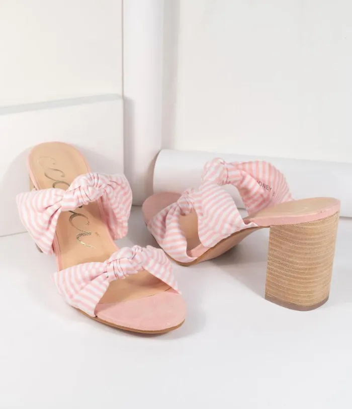 Pink and White Stripe Block Heel Sandal Shoes Unique Vintage Sandals