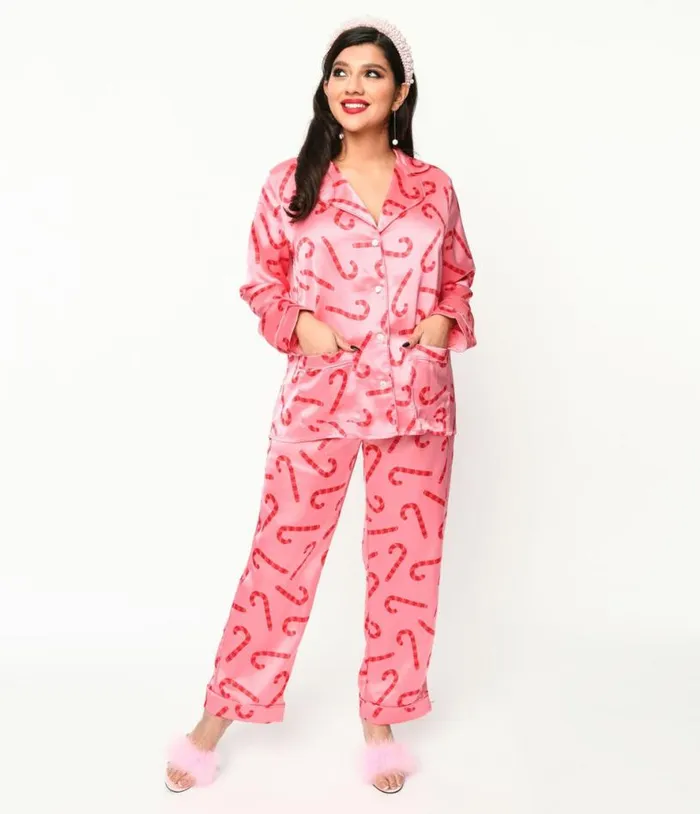 Pink Candy Cane Satin Pajama Set Accessories Unique Vintage Lingerie and Shapewear Pink Candy Cane Satin Pajama Set Accessories Unique Vintage Lingerie and Shapewear