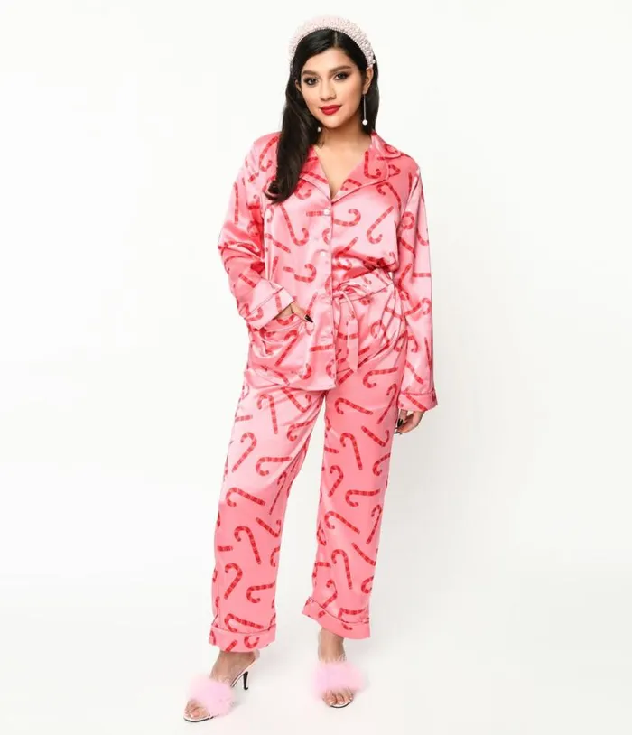 Pink Candy Cane Satin Pajama Set Accessories Unique Vintage Lingerie and Shapewear