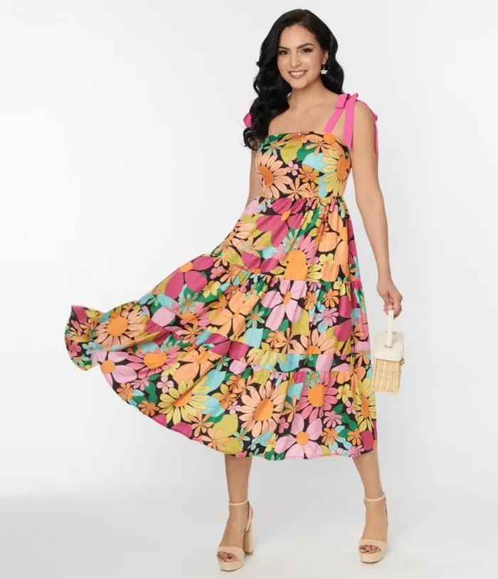 Pink Floral Tiered Midi Dress Dresses Unique Vintage Pocket Dresses