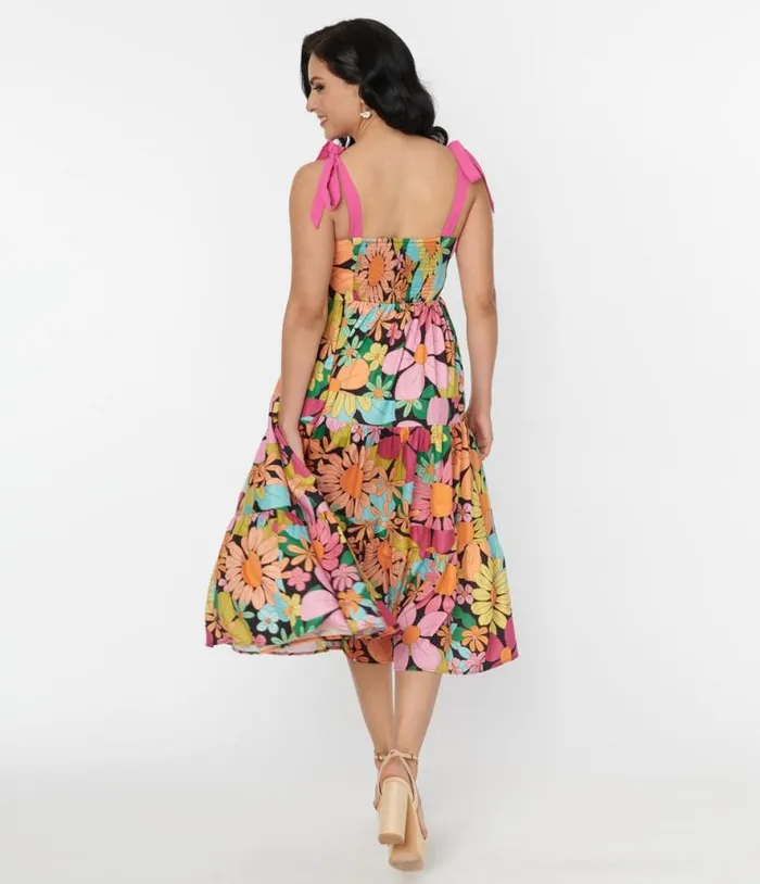 Pink Floral Tiered Midi Dress Dresses Unique Vintage Pocket Dresses