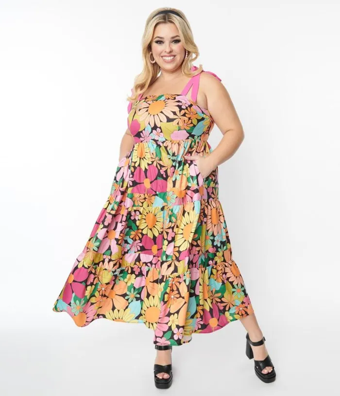 Pink Floral Tiered Midi Dress Dresses Unique Vintage Pocket Dresses