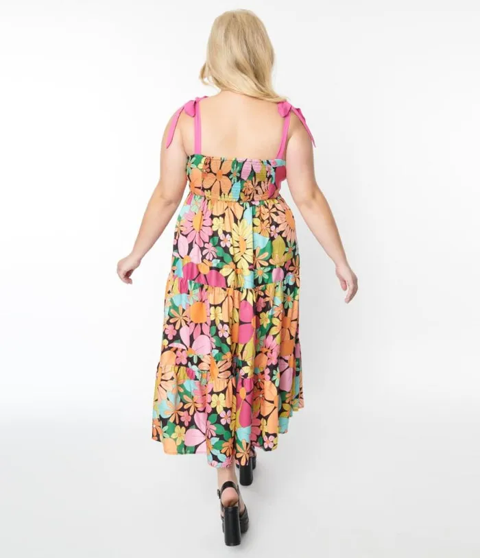 Pink Floral Tiered Midi Dress Dresses Unique Vintage Pocket Dresses