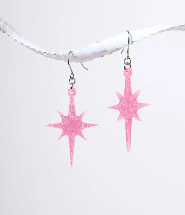 Pink Glitter Atomic Star Dangle Earrings Accessories Unique Vintage Earrings Pink Glitter Atomic Star Dangle Earrings Accessories Unique Vintage Earrings