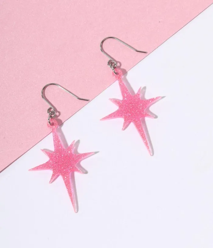 Pink Glitter Atomic Star Dangle Earrings Accessories Unique Vintage Earrings