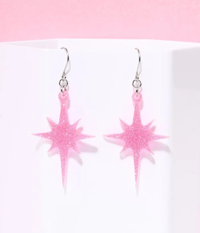 Pink Glitter Atomic Star Dangle Earrings Accessories Unique Vintage Earrings
