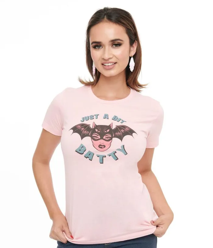 Pink Just A Bit Batty Fitted Graphic Tee Clothing Unique Vintage Graphic Tees