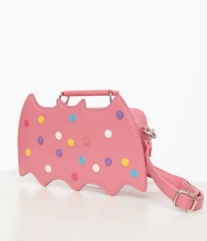 Pink Leatherette Circus Cookie Bat Crossbody Bag AccessoriesHalloween Unique Vintage Accessories