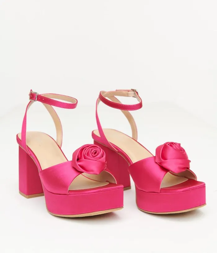 Pink Rosette Satin Platform Heels Shoes Unique Vintage Heels