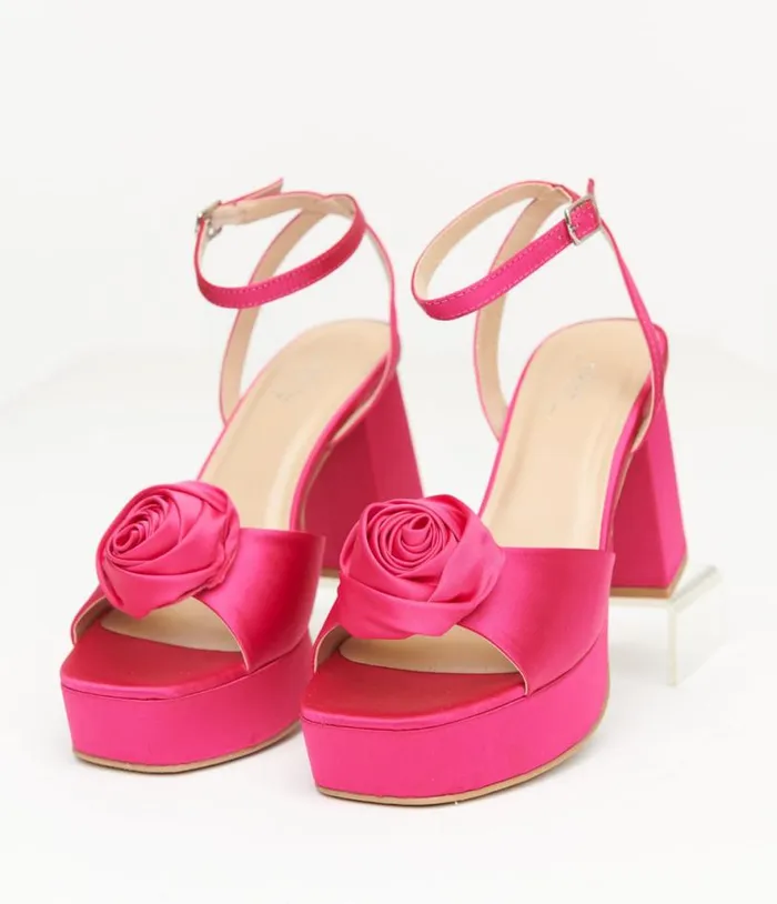 Pink Rosette Satin Platform Heels Shoes Unique Vintage Heels