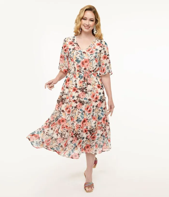 Pink Tropical Flower Chiffon Midi Dress Dresses Unique Vintage Midi