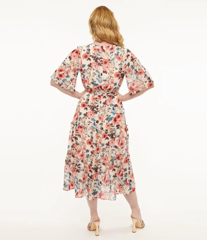 Pink Tropical Flower Chiffon Midi Dress Dresses Unique Vintage Midi