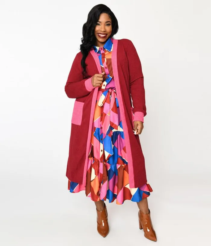 Plus Long Berry and Pink Contrast Open Long Cardigan Clothing Unique Vintage Sweaters and Cardigans Plus Long Berry and Pink Contrast Open Long Cardigan Clothing Unique Vintage Sweaters and Cardigans