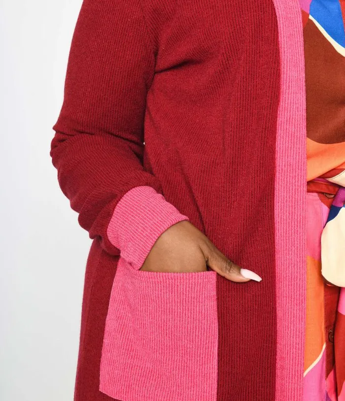 Plus Long Berry and Pink Contrast Open Long Cardigan Clothing Unique Vintage Sweaters and Cardigans