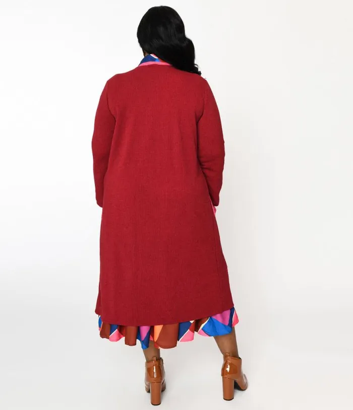Plus Long Berry and Pink Contrast Open Long Cardigan Clothing Unique Vintage Sweaters and Cardigans