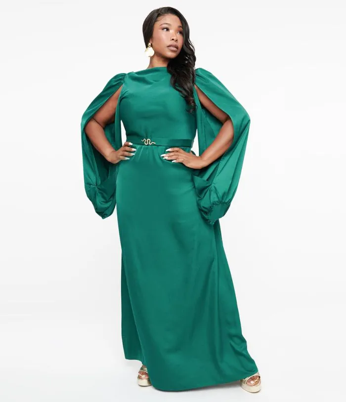 Plus Size 1920s Emerald Satin and Snake Pin Evening Gown DressesPlus Unique Vintage Midi and Maxi