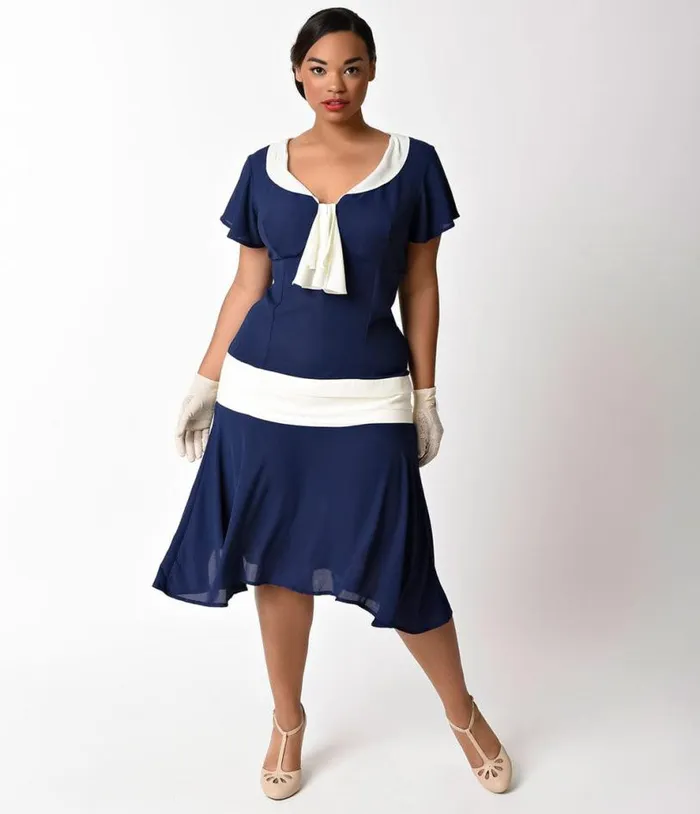 Plus Size 1920s Navy Blue and Ivory Wilshire Flapper Day Dress DressesPlus Unique Vintage Swing Plus Size 1920s Navy Blue and Ivory Wilshire Flapper Day Dress DressesPlus Unique Vintage Swing