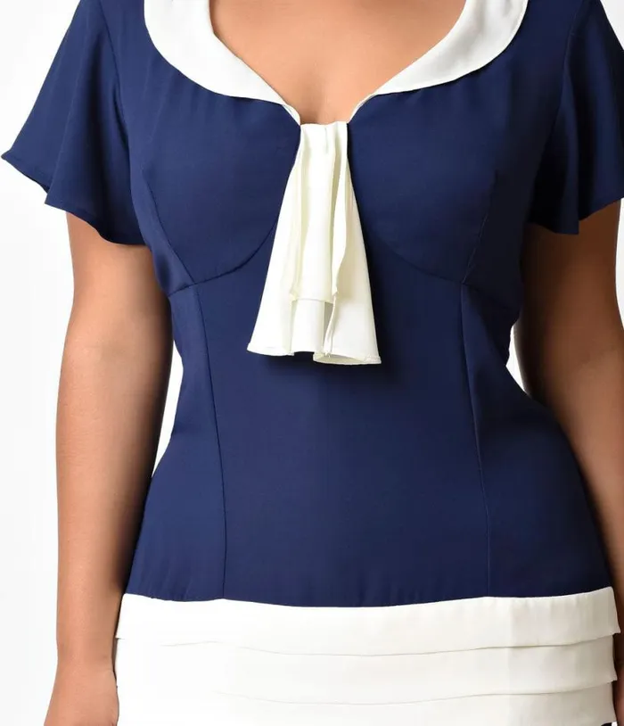 Plus Size 1920s Navy Blue and Ivory Wilshire Flapper Day Dress DressesPlus Unique Vintage Swing