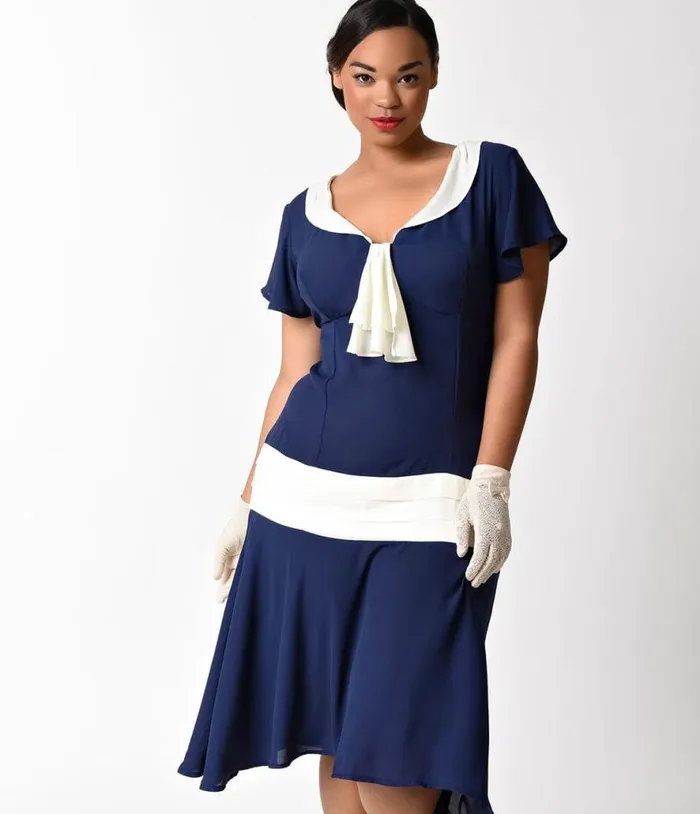 Plus Size 1920s Navy Blue and Ivory Wilshire Flapper Day Dress DressesPlus Unique Vintage Swing