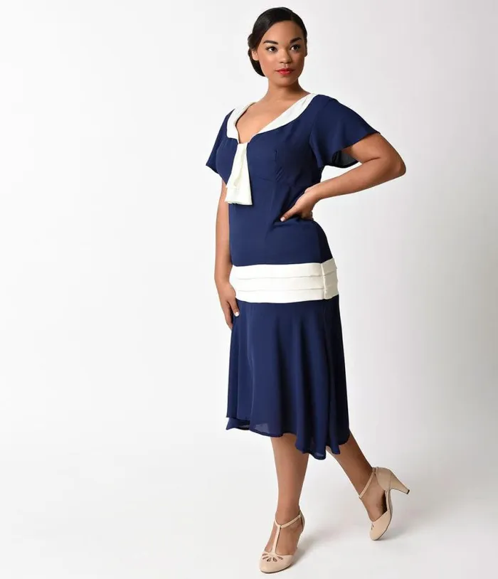 Plus Size 1920s Navy Blue and Ivory Wilshire Flapper Day Dress DressesPlus Unique Vintage Swing