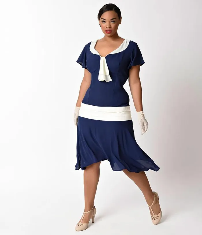 Plus Size 1920s Navy Blue and Ivory Wilshire Flapper Day Dress DressesPlus Unique Vintage Swing