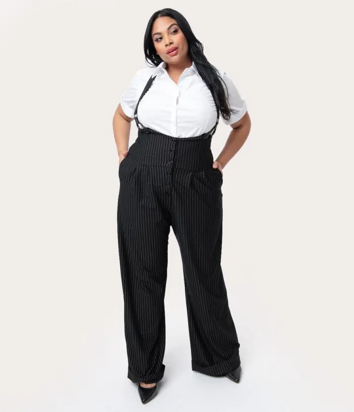 Plus Size 1930s Black and White Pin Stripe Thelma Suspender Pants ClothingPlus Unique Vintage Pants Plus Size 1930s Black and White Pin Stripe Thelma Suspender Pants ClothingPlus Unique Vintage Pants