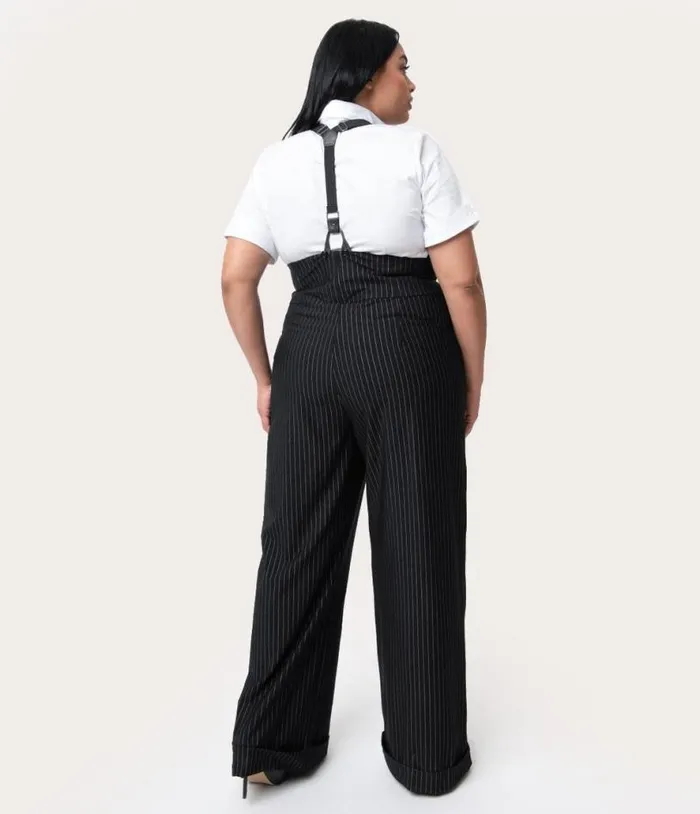 Plus Size 1930s Black and White Pin Stripe Thelma Suspender Pants ClothingPlus Unique Vintage Pants