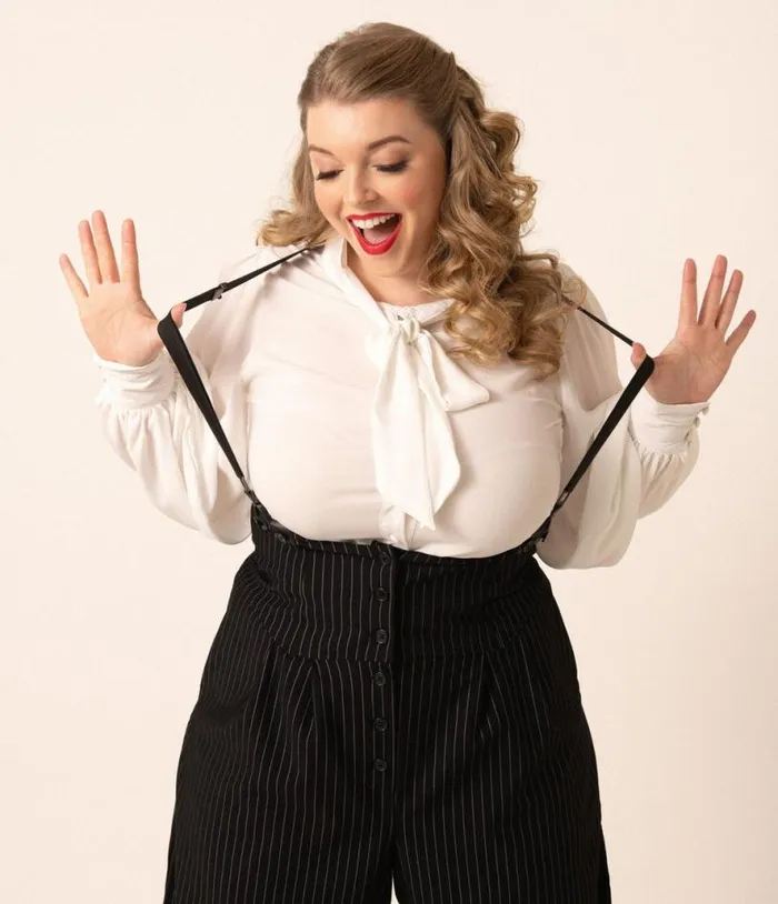 Plus Size 1930s Black and White Pin Stripe Thelma Suspender Pants ClothingPlus Unique Vintage Pants