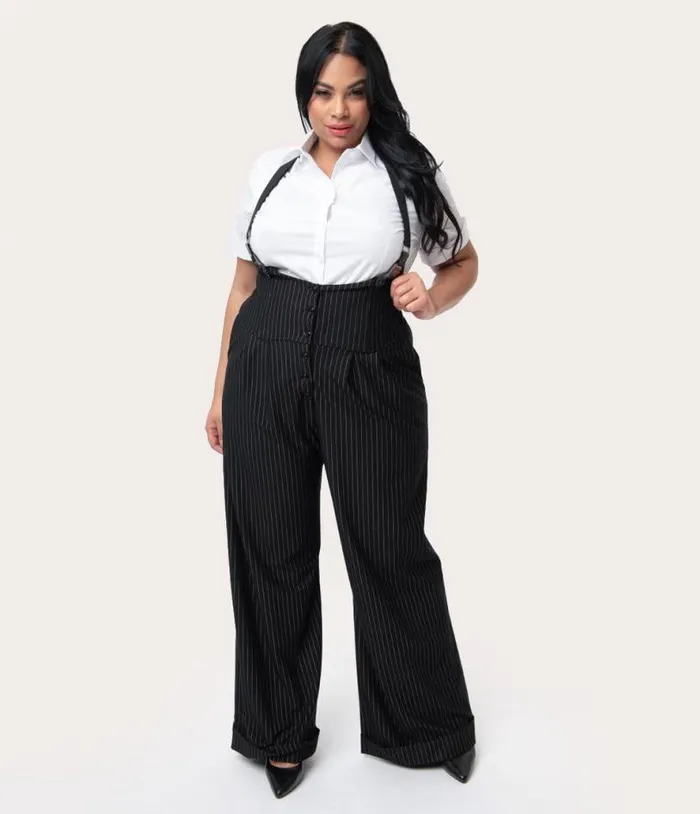 Plus Size 1930s Black and White Pin Stripe Thelma Suspender Pants ClothingPlus Unique Vintage Pants