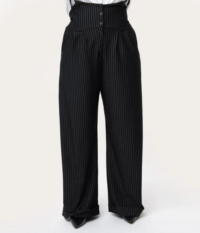 Plus Size 1930s Black and White Pin Stripe Thelma Suspender Pants ClothingPlus Unique Vintage Pants