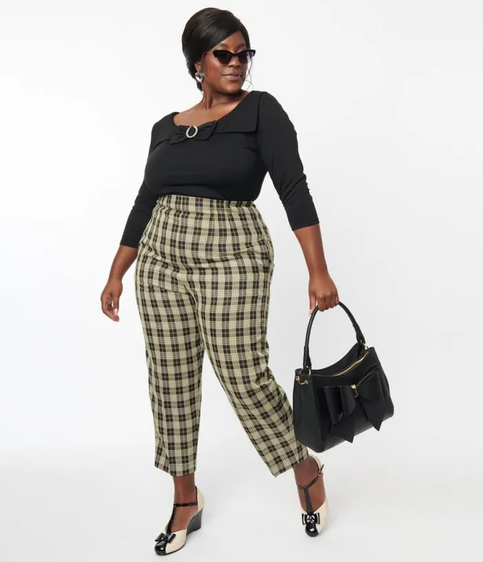 Plus Size 1930s Cream and Black Plaid Front Pleat Pants ClothingPlus Unique Vintage Pants Plus Size 1930s Cream and Black Plaid Front Pleat Pants ClothingPlus Unique Vintage Pants