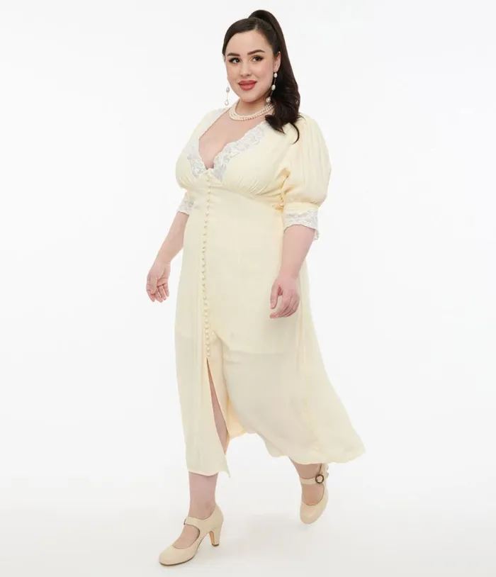 Plus Size 1930s Cream and White Lace Midi Dress Dresses Unique Vintage Midi