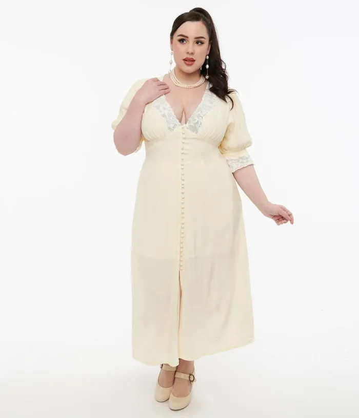 Plus Size 1930s Cream and White Lace Midi Dress Dresses Unique Vintage Midi