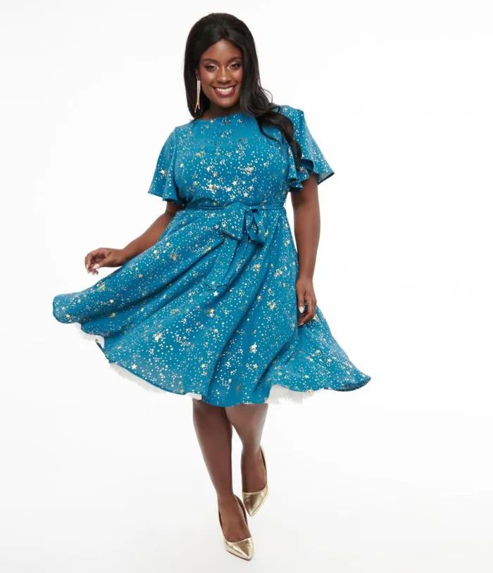 Plus Size 1930s Teal and Gold Star Swing Dress DressesPlus Unique Vintage Swing Plus Size 1930s Teal and Gold Star Swing Dress DressesPlus Unique Vintage Swing