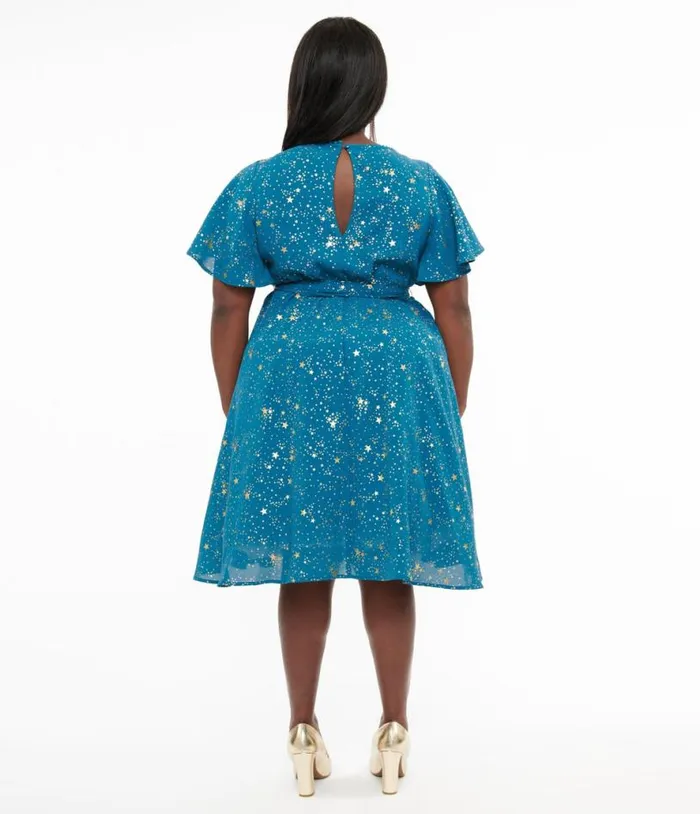 Plus Size 1930s Teal and Gold Star Swing Dress DressesPlus Unique Vintage Swing