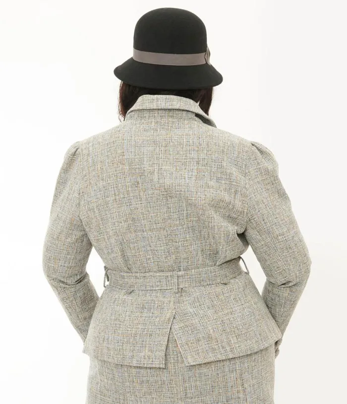 Plus Size 1940s Beige and Baby Blue Tweed Belted Jacket ClothingPlus Unique Vintage Jackets
