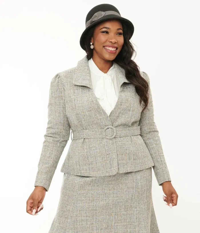 Plus Size 1940s Beige and Baby Blue Tweed Belted Jacket ClothingPlus Unique Vintage Jackets