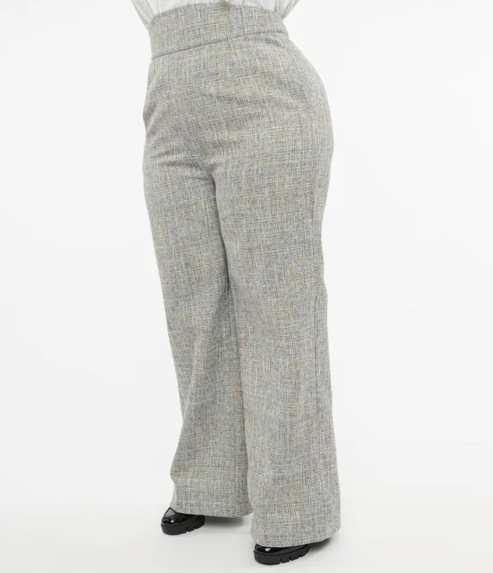 Plus Size 1940s Beige and Baby Blue Tweed High Waist Pants ClothingPlus Unique Vintage Pants