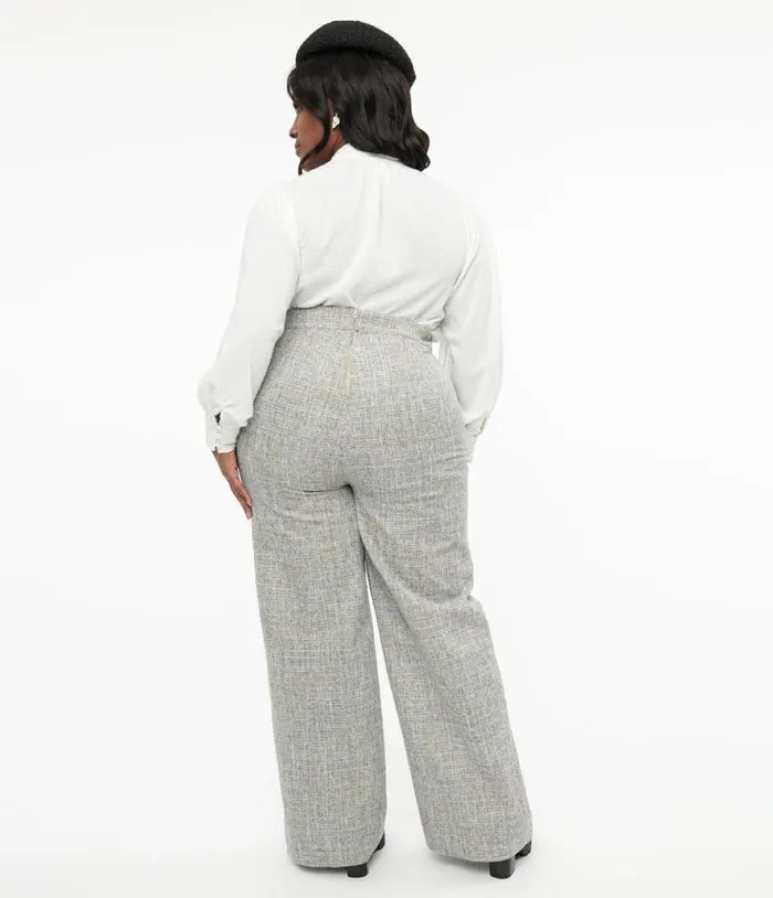 Plus Size 1940s Beige and Baby Blue Tweed High Waist Pants ClothingPlus Unique Vintage Pants