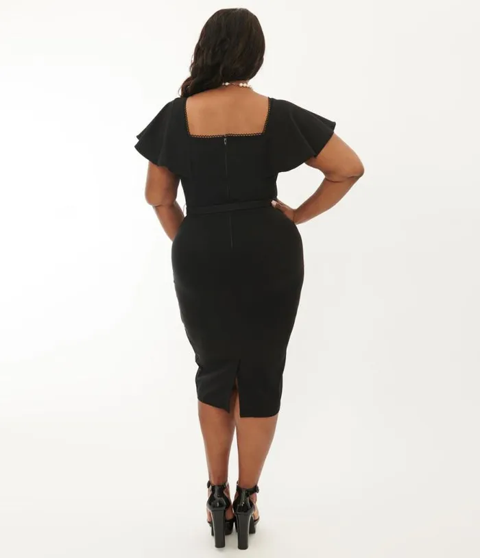 Plus Size 1940s Black Flutter Sleeve Sweetheart Wiggle Dress DressesPlus Unique Vintage Pencil