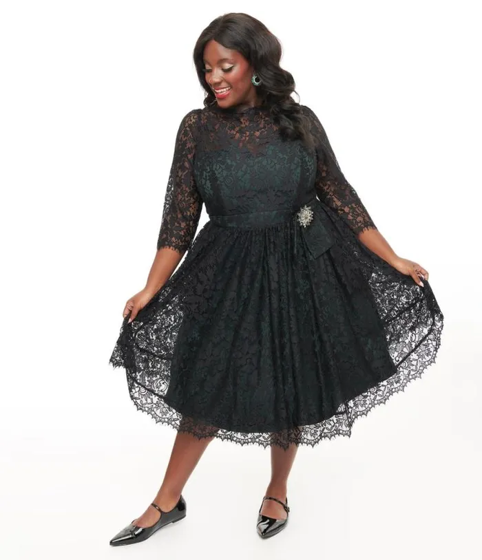 Plus Size 1940s Black Lace Swing Dress DressesPlus Unique Vintage Swing